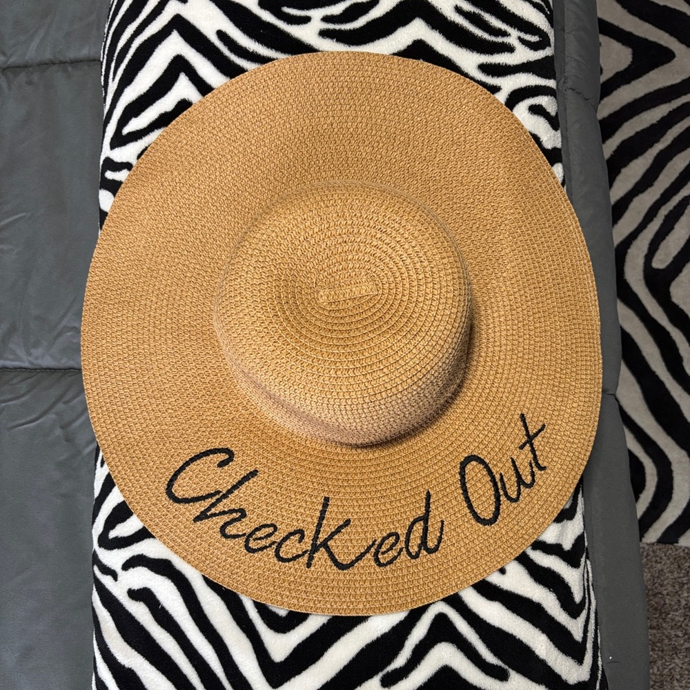 NWOT Tan Straw Hat with Black Embroidery